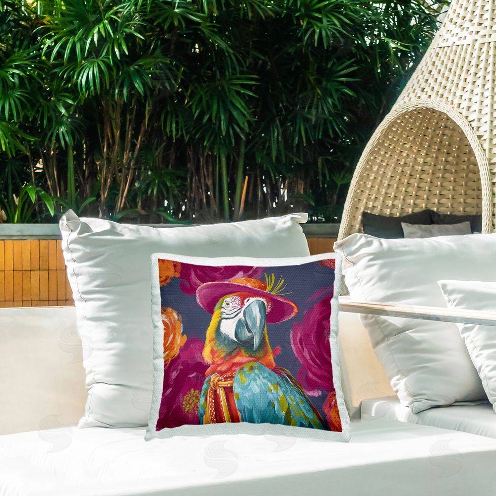 Lazar Studio Plumage & Petals Parrot Outdoor Quick-Dry Polyester Printed Square Pillow on Patio