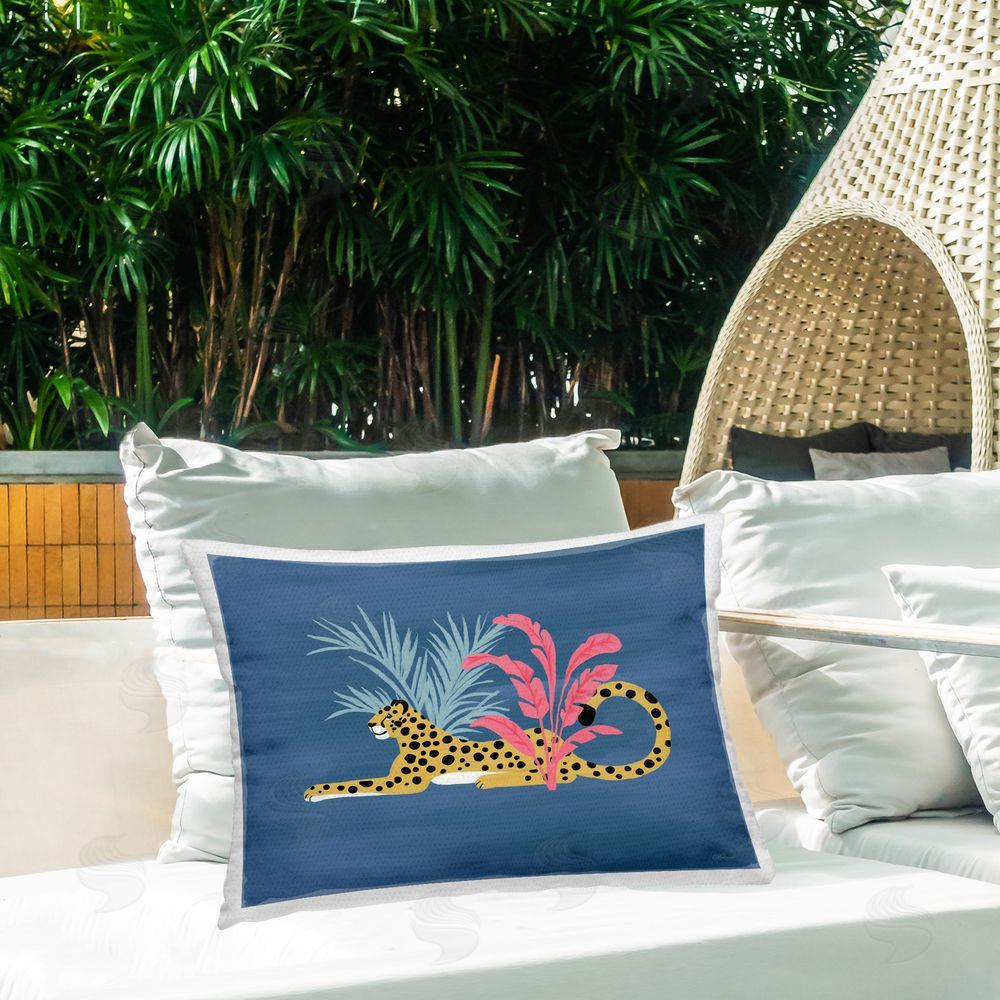 Cat Thurman Designs Tropical Cheetah Among Foliage Outdoor Quick-Dry Polyester Printed Lumbar Pillow on Patio