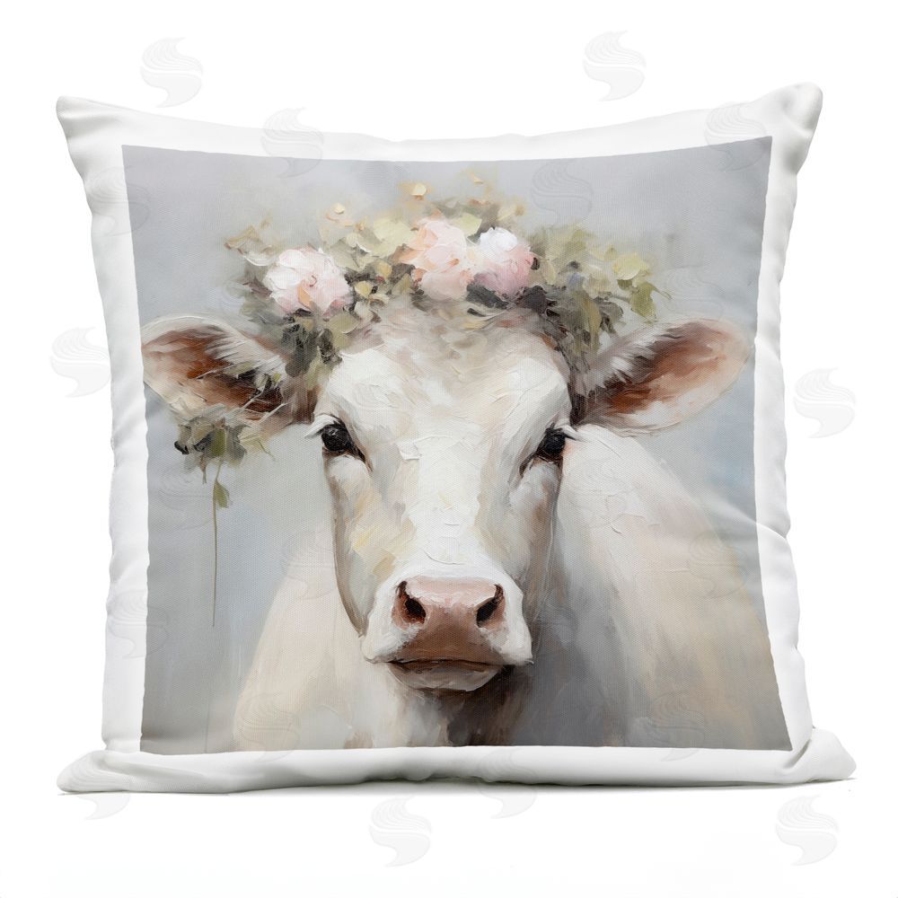 Heidi Kuntz Pretty Pearl Cow with Florals Outdoor Quick-Dry Polyester Square Throw Pillow