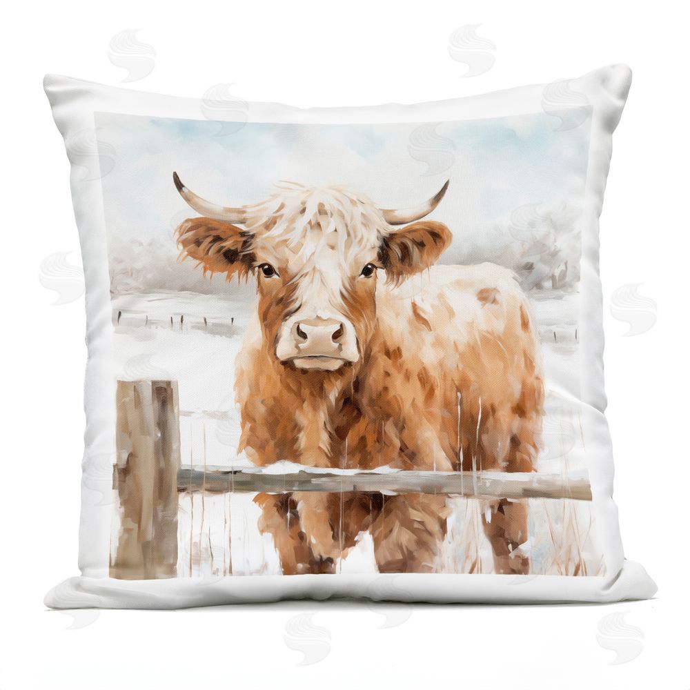 Heidi Kuntz Highland Cow in Winter Pasture Outdoor Square Printed Throw Pillow