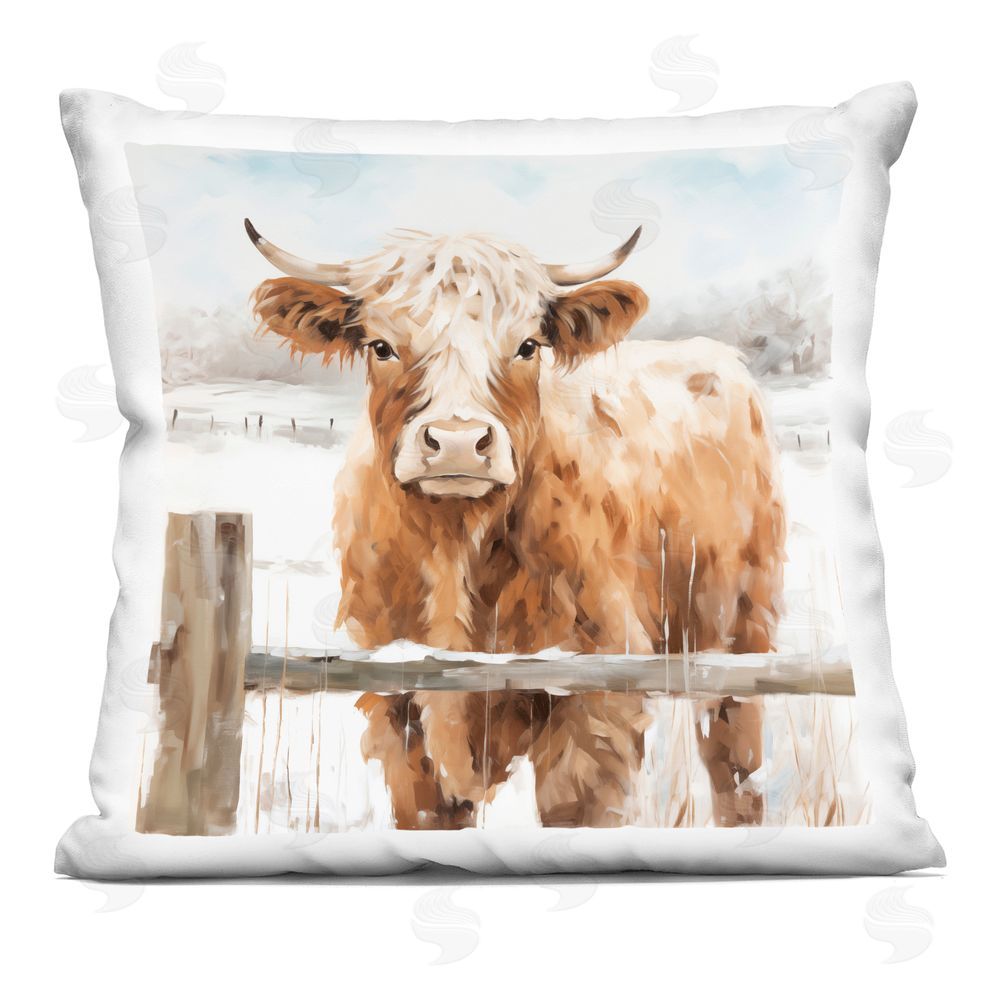 Heidi Kuntz Highland Cow in Winter Pasture Square Printed Throw Pillow