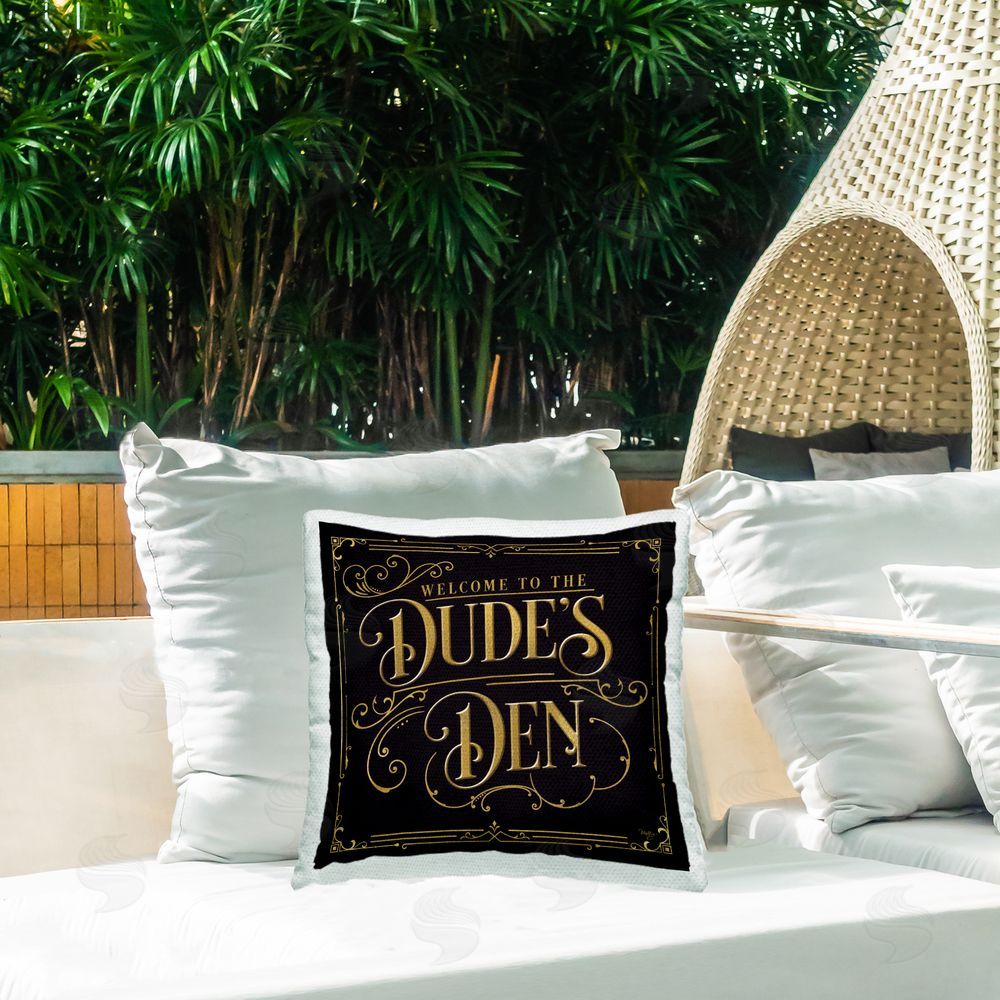 Mollie B. Welcome to Dude's Den Outdoor Quick-Dry Polyester Printed Square Pillow on Patio