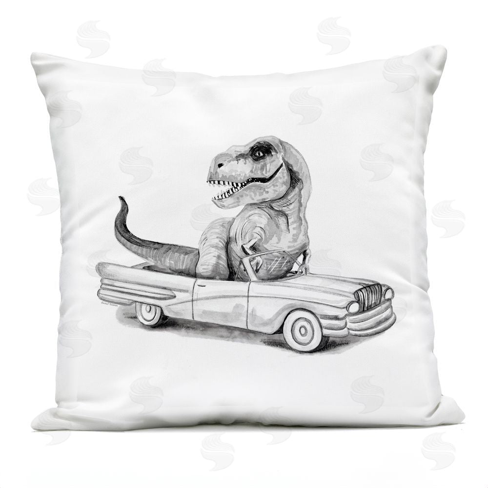 Rachel Nieman Grey Toned T-Rex in Car Outdoor Quick-Dry Polyester Square Throw Pillow