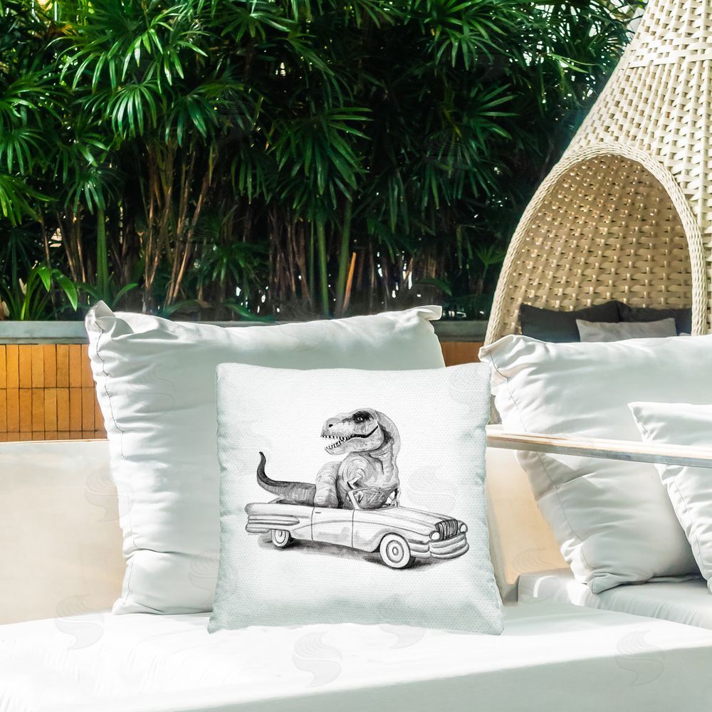 Rachel Nieman Grey Toned T-Rex in Car Outdoor Quick-Dry Polyester Printed Square Pillow on Patio