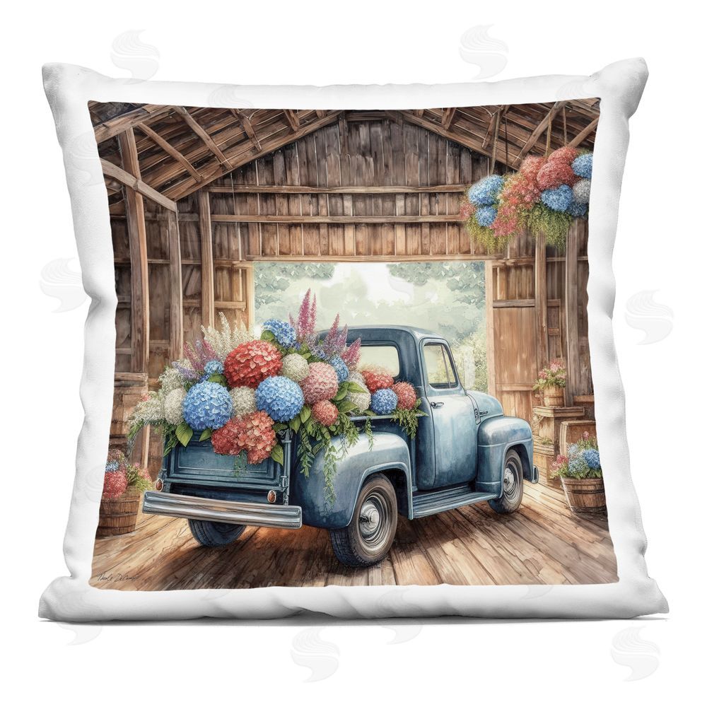 Nicole DeCamp Vintage Truck Americana Hydrangeas Indoor Plush Polyester Square Throw Pillow