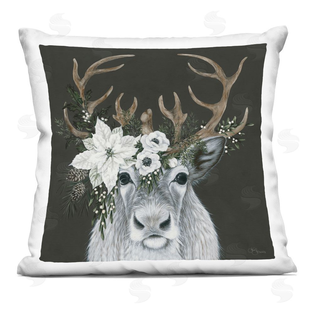 Hollihocks Art Winter Deer with Floral Crown Square Printed Throw Pillow