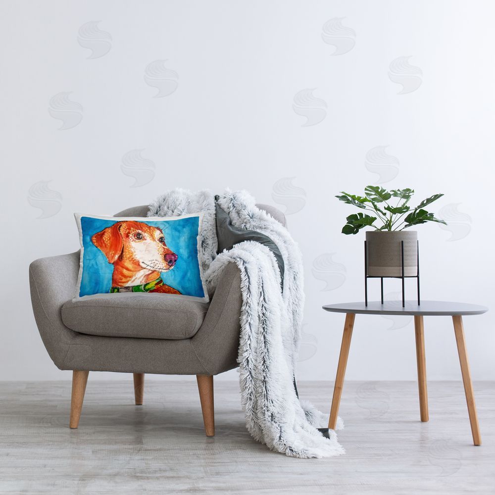 Tatiana Roberts Bold Orange Dog on Blue Printed Indoor Throw Pillow in Room