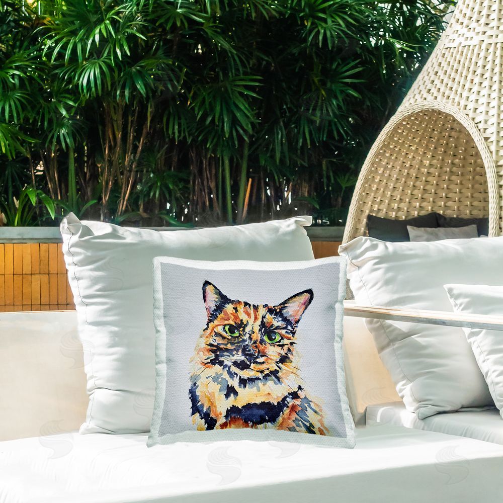 Tatiana Roberts Tortie Cat Portrait Outdoor Printed Throw Pillow on Patio