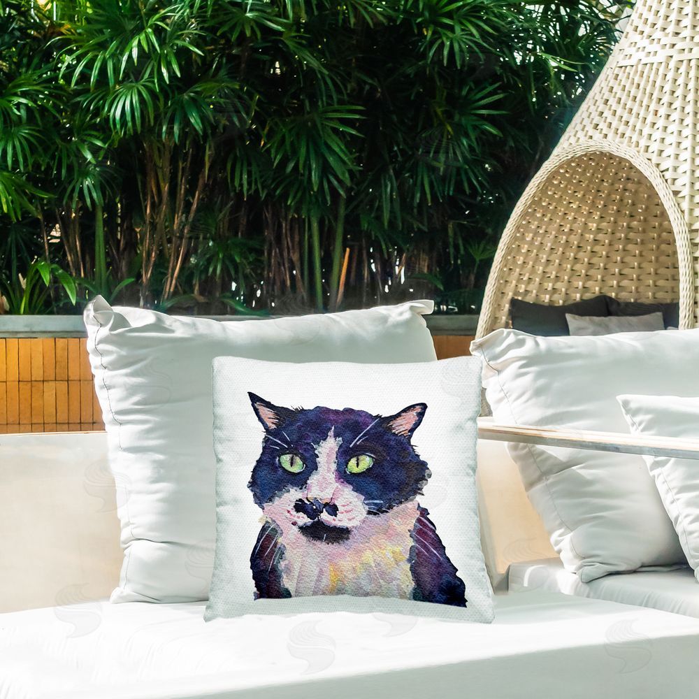 Tatiana Roberts Expressive Tuxedo Cat Outdoor Printed Throw Pillow on Patio