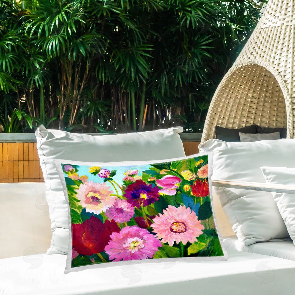 Lee Ann Zirbes Tea Garden Mums Outdoor Printed Throw Pillow on Patio