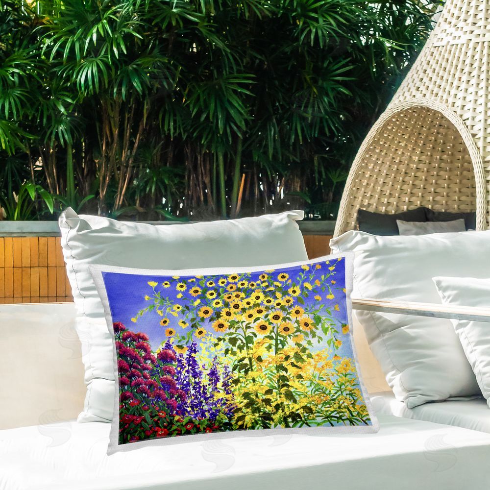 Lee Ann Zirbes Looming Sunflowers Spring Garden Outdoor Printed Throw Pillow on Patio