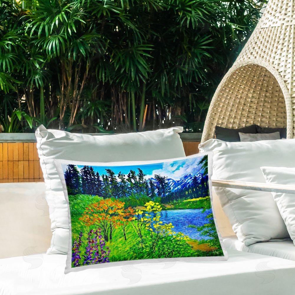 Lee Ann Zirbes Hidden Lake Scenery Outdoor Printed Throw Pillow on Patio