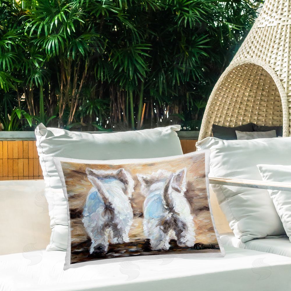 Mary Sparrow Farewell White Puppies Outdoor Rectugular Printed Throw Pillow on Patio