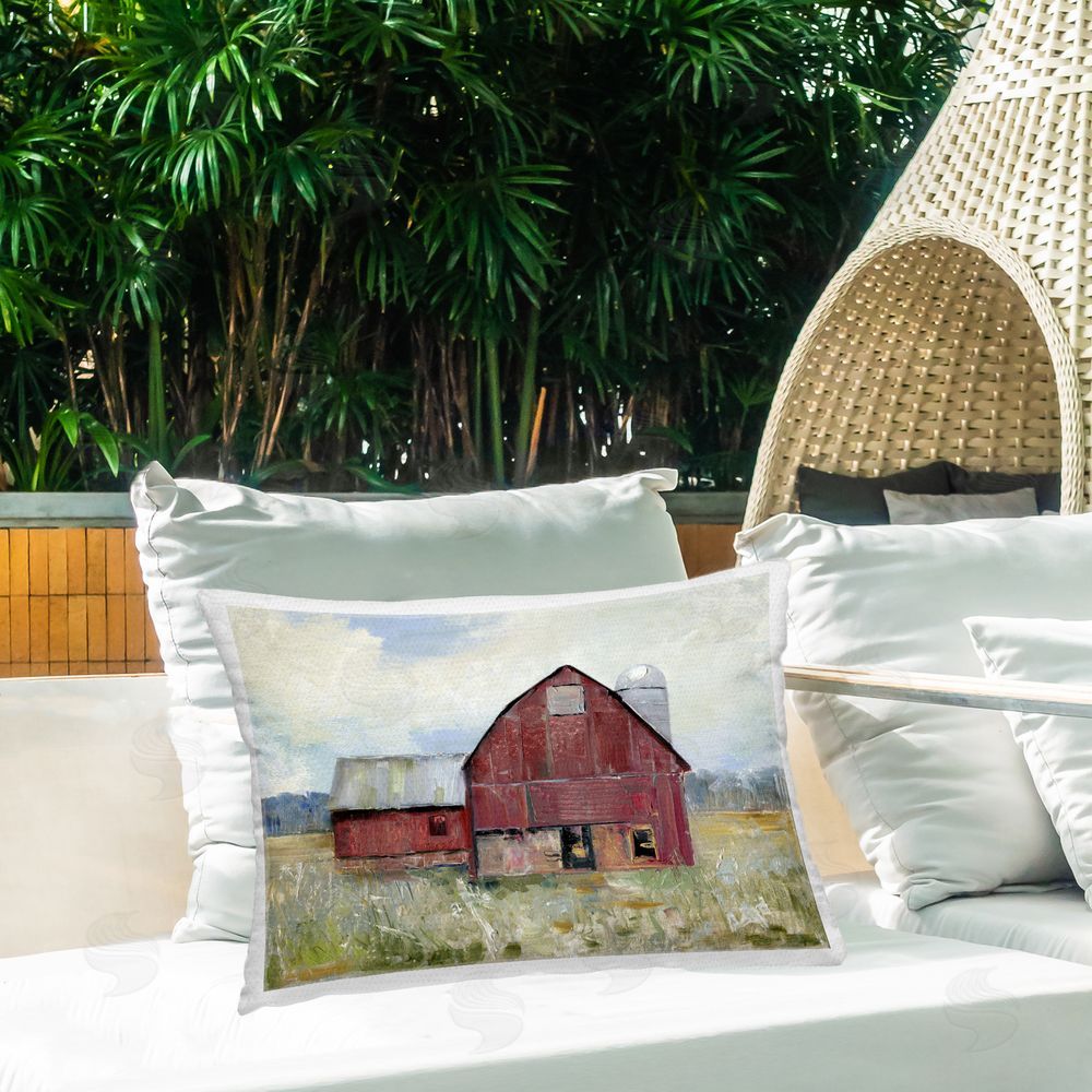 Sally Swatland Red Rugged Barn Outdoor Quick-Dry Polyester Printed Lumbar Pillow on Patio