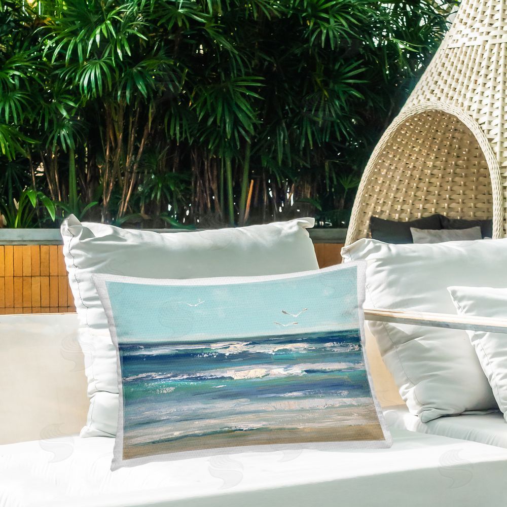 Sally Swatland Seagulls over Rolling Waves Outdoor Quick-Dry Polyester Printed Lumbar Pillow on Patio