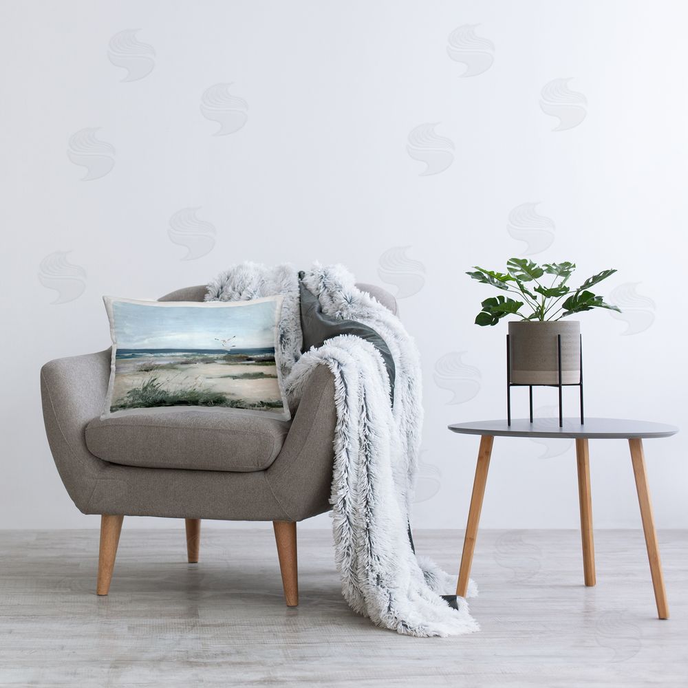 Sally Swatland Seagull Pair over Waves Plush Polyester Printed Lumbar Pillow on Chair