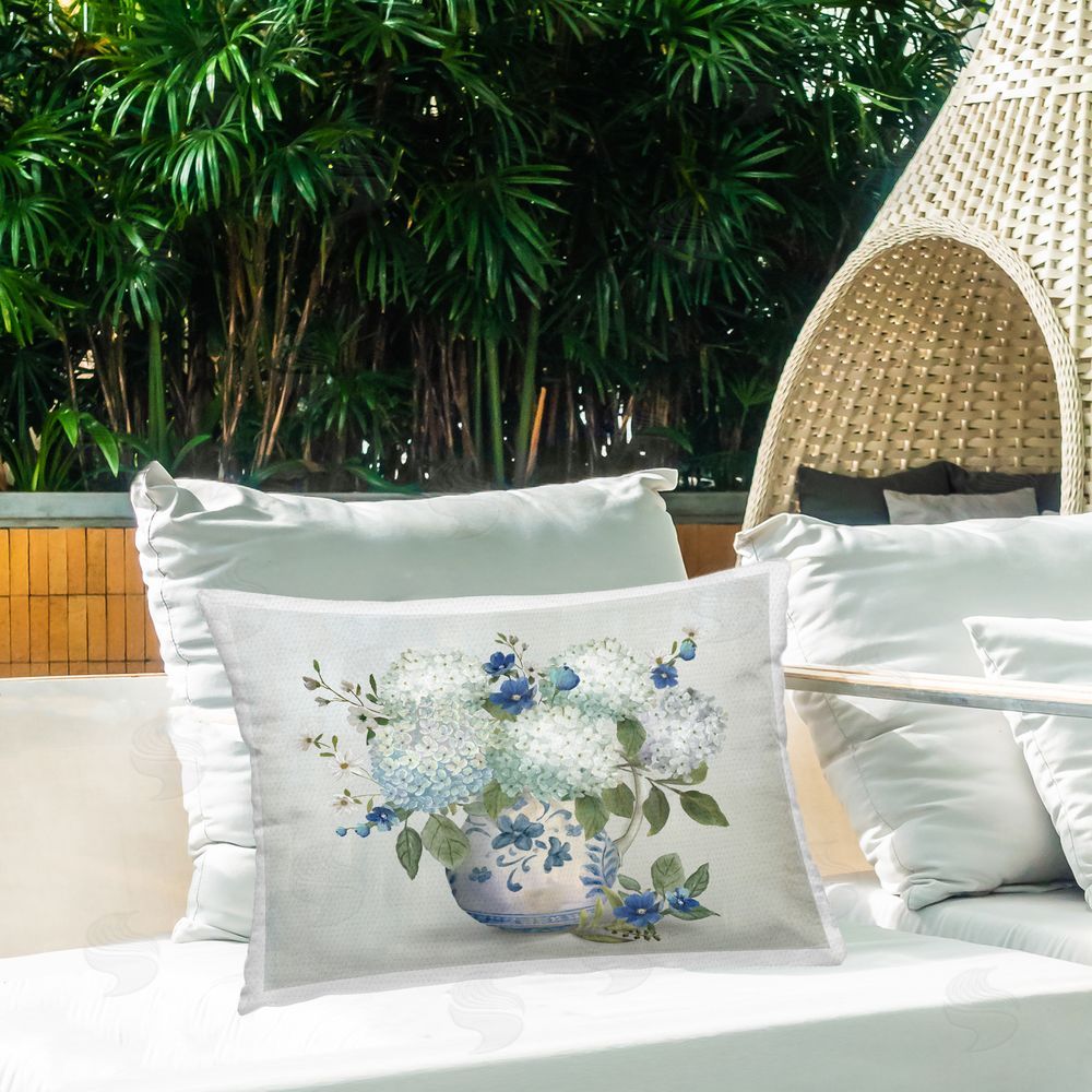 Nan Ivory & Blue Hydrangea Vase Outdoor Quick-Dry Polyester Printed Lumbar Pillow on Patio