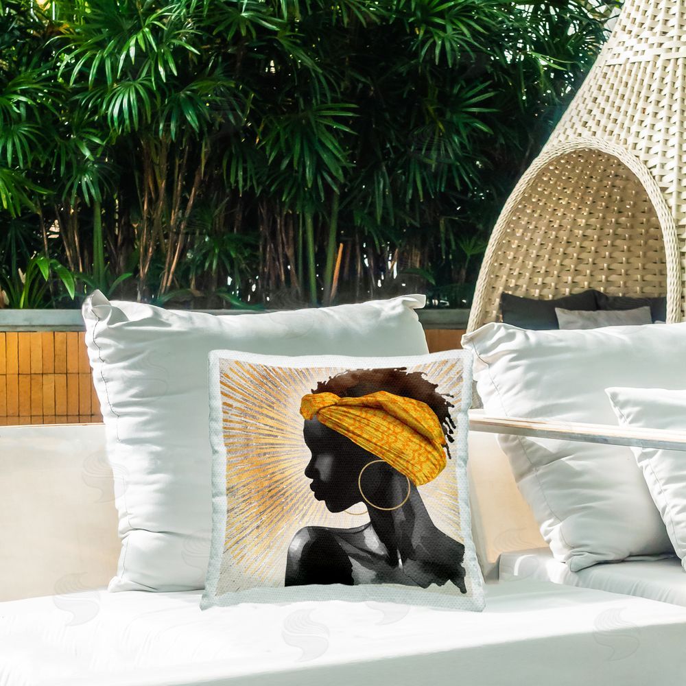 CAD Designs Golden Sunburst Profile with Headwrap Outdoor Quick-Dry Polyester Printed Square Pillow on Patio