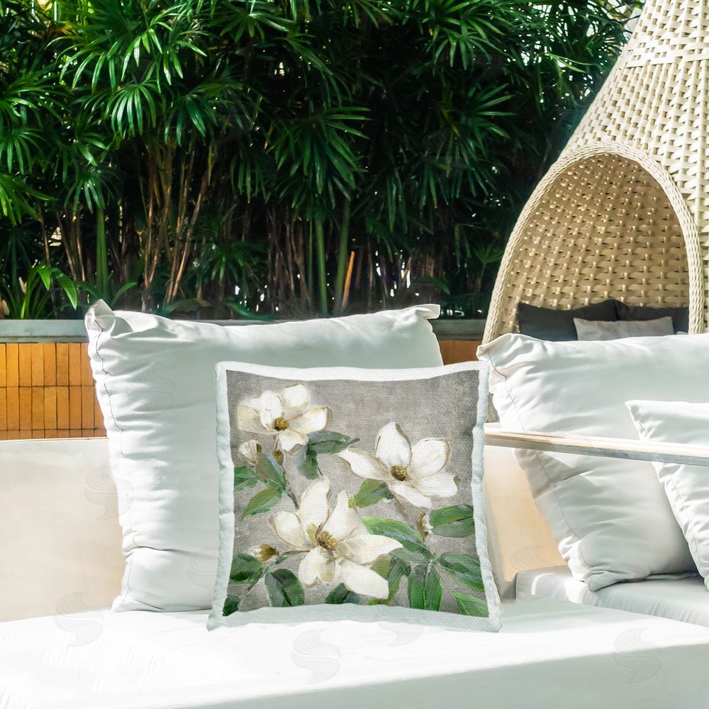 Sally Swatland Ivory Magnolias on Grey Outdoor Quick-Dry Polyester Printed Square Pillow on Patio