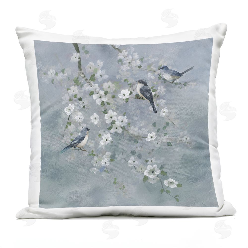 Nan Serene Birds on White Blooms Outdoor Quick-Dry Polyester Square Throw Pillow