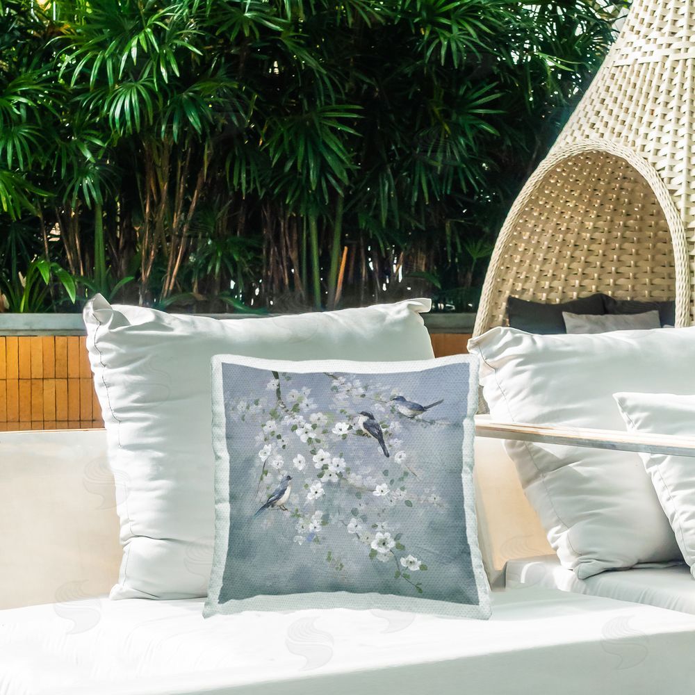 Nan Serene Birds on White Blooms Outdoor Quick-Dry Polyester Printed Square Pillow on Patio