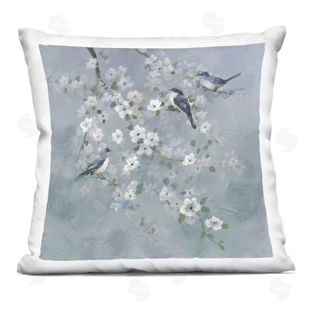 Nan Serene Birds on White Blooms Indoor Plush Polyester Square Throw Pillow