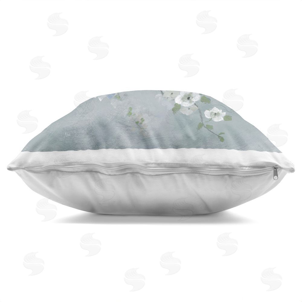 Nan Serene Birds on White Blooms Indoor Plush Polyester Square Throw Pillow Zipper Detail