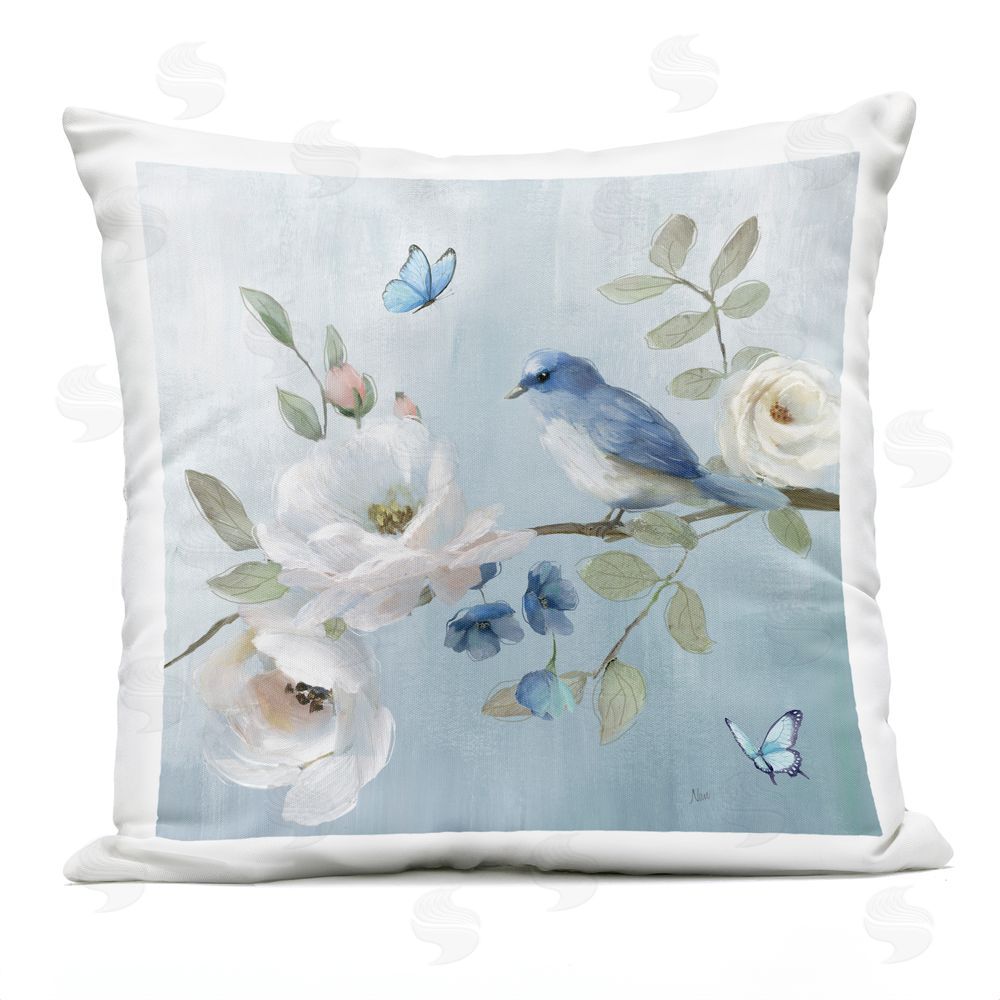 Nan Pastel Blue Bird Blooms Outdoor Quick-Dry Polyester Square Throw Pillow