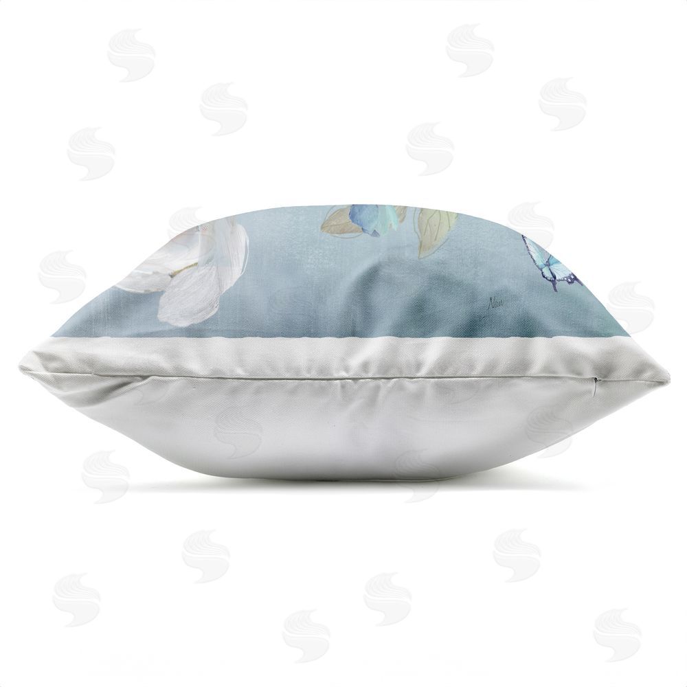 Nan Pastel Blue Bird Blooms Outdoor Quick-Dry Polyester Square Throw Pillow Zipper Detail