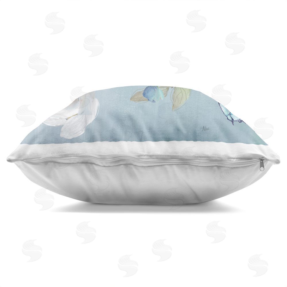 Nan Pastel Blue Bird Blooms Indoor Plush Polyester Square Throw Pillow Zipper Detail
