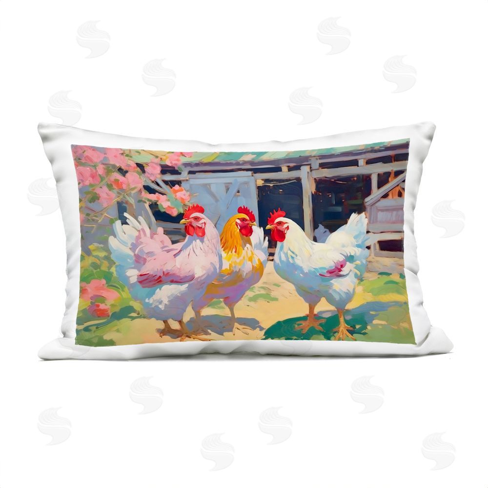 Creative Studio Colorful Chickens in Sunlit Yard Outdoor Printed Lumbar Throw Pillow