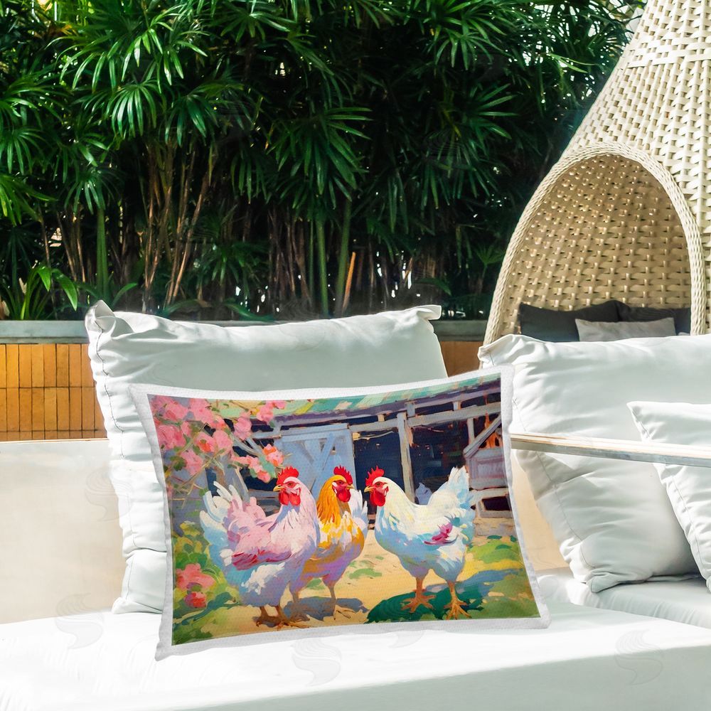 Creative Studio Colorful Chickens in Sunlit Yard Outdoor Printed Lumbar Throw Pillow on Seat