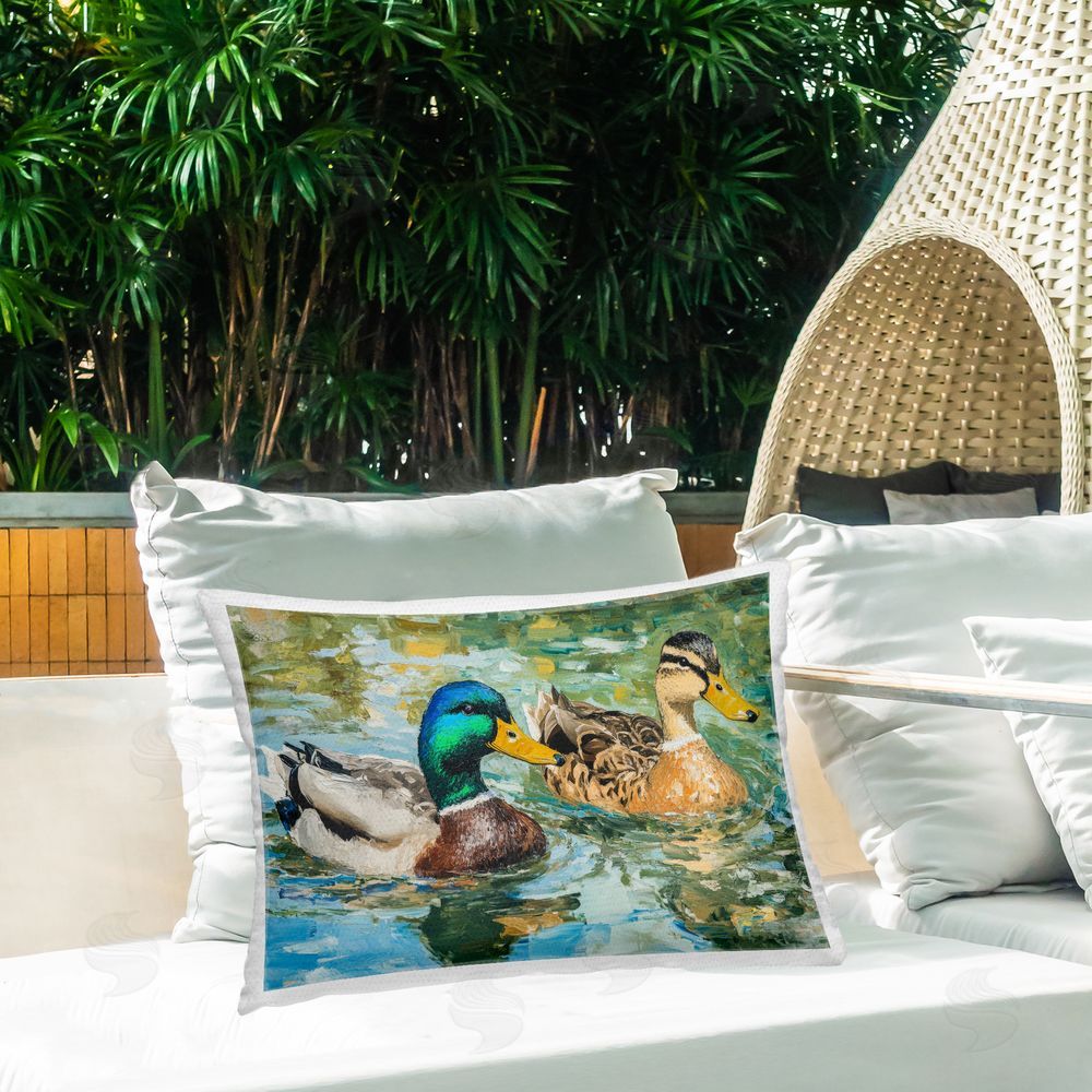 Petal Prints Design Ducks Out For A Swim Outdoor Printed Lumbar Throw Pillow on Seat