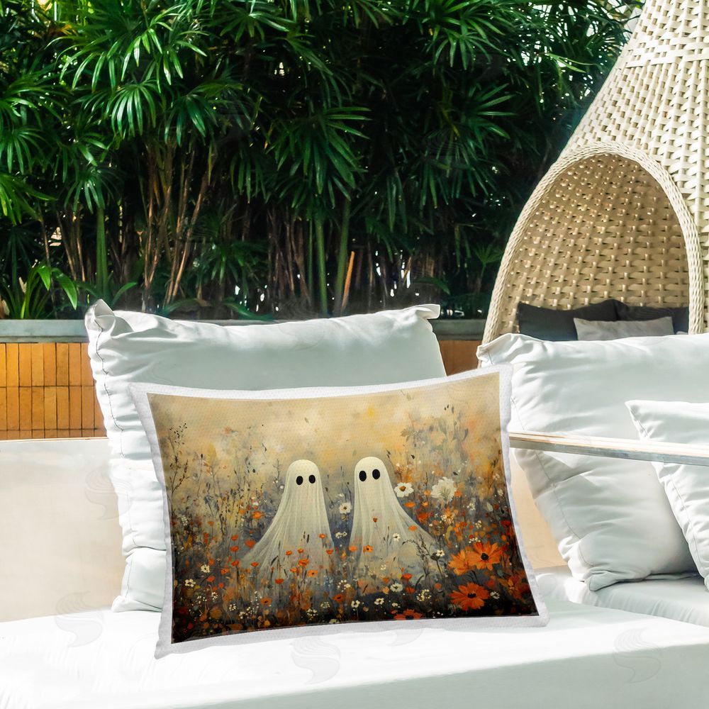 Creative Studio Ghosts in Autumn Meadow Outdoor Rectugular Printed Throw Pillow on Patio