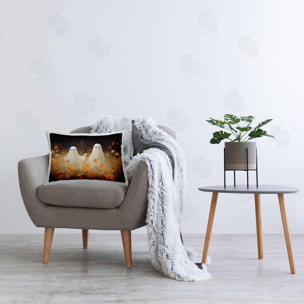 LSR Design Studio Ghosts in Poppy Field Rectugular Printed Throw Pillow on Chair