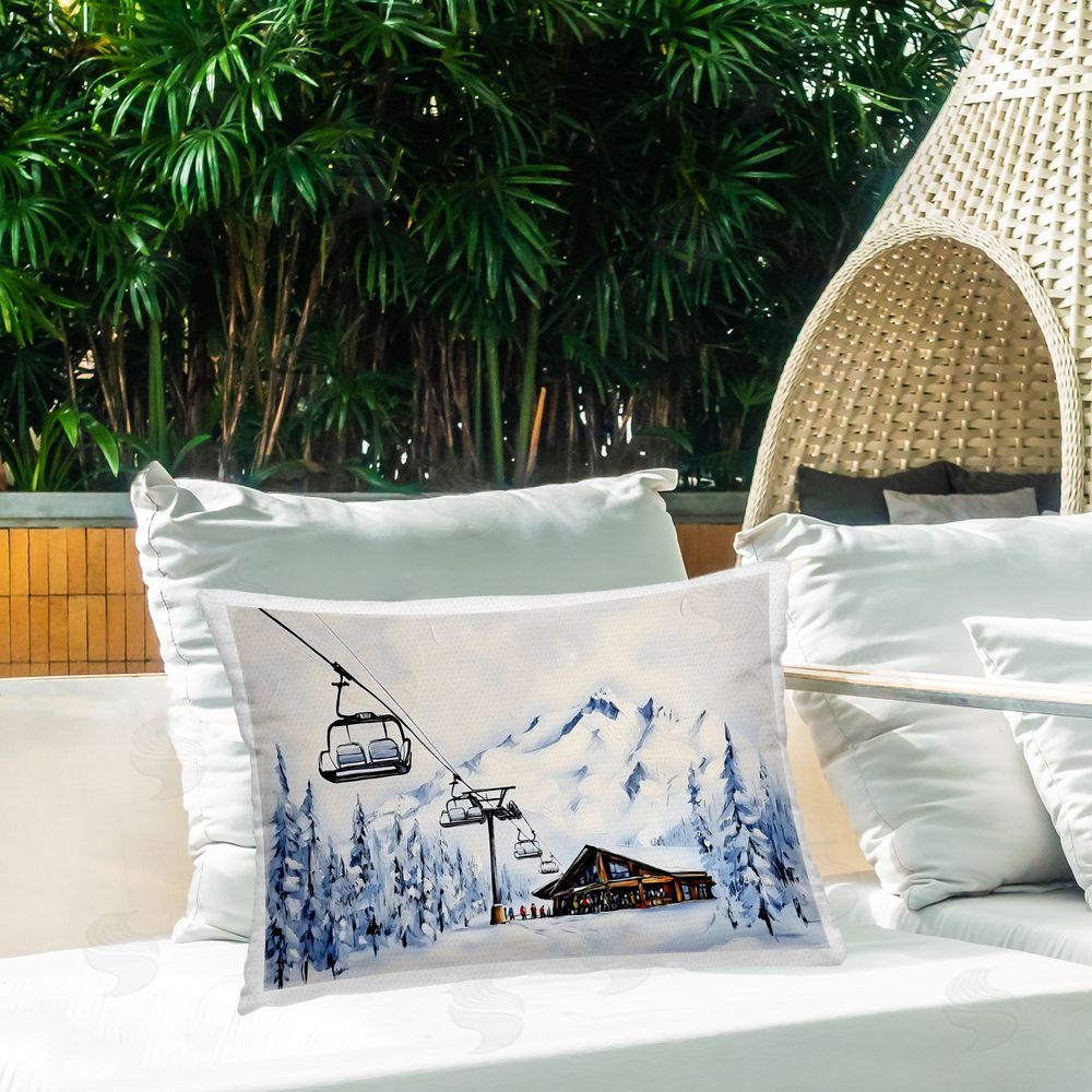 Arlington Prints Winter Adventure Ski Lift Outdoor Rectugular Printed Throw Pillow on Patio