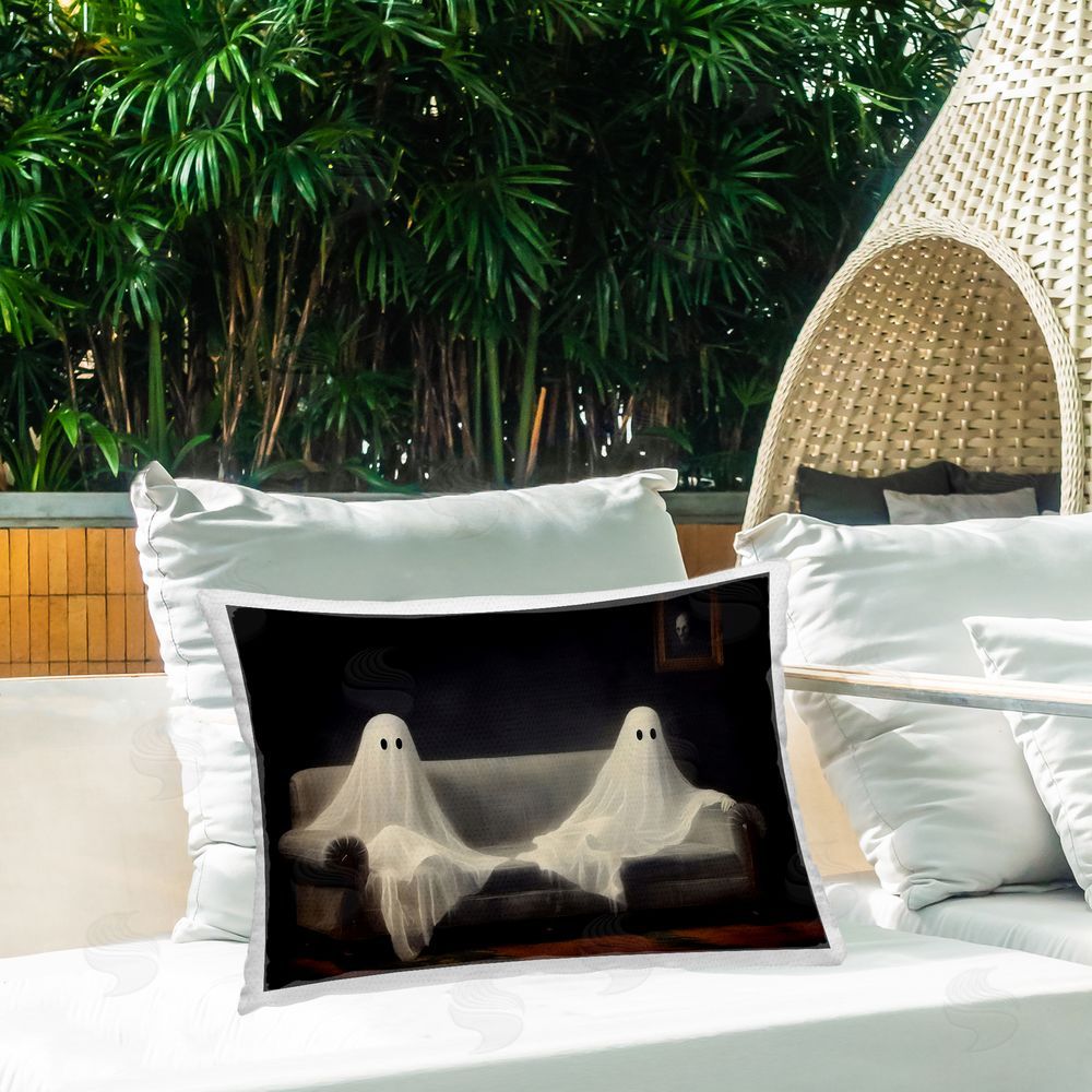 LSR Design Studio Spooky Couch Two Ghosts Outdoor Rectugular Printed Throw Pillow on Patio