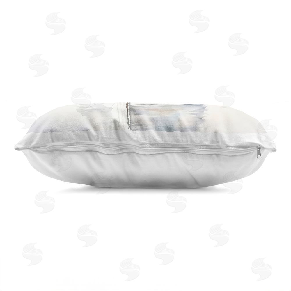 Petal Prints Design Neutral Sailboat Reflection Printed Lumbar Throw Pillow Side View with Zipper Detail