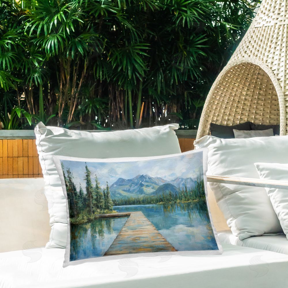 Petal Prints Design Peaceful Lake Dock in the Mountains Outdoor Printed Lumbar Throw Pillow on Seat