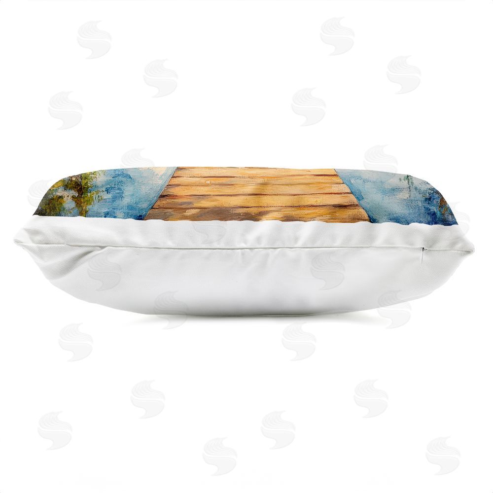 Petal Prints Design Dock In The Mountains Reflection Outdoor Printed Lumbar Throw Pillow Side View with Zipper Detail