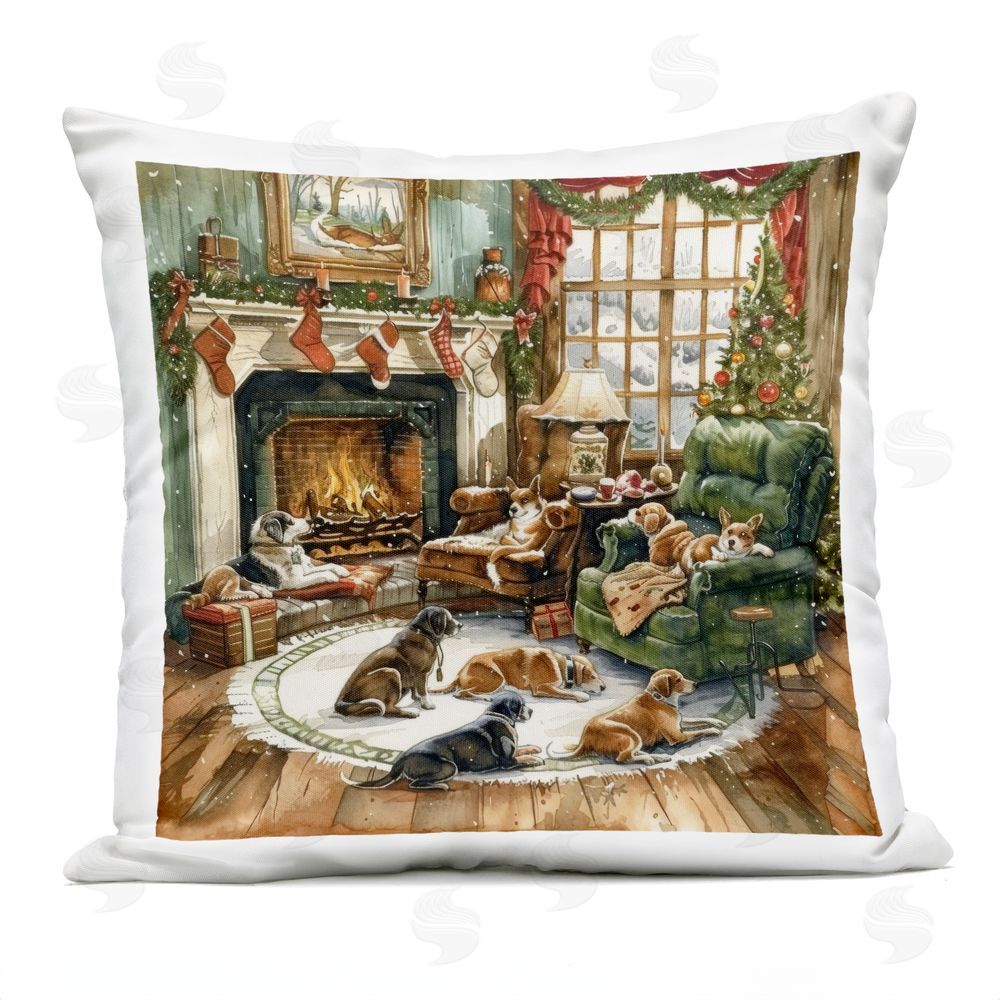 LSR Design Studio Dogs Around Christmas Hearth Outdoor Square Printed Throw Pillow