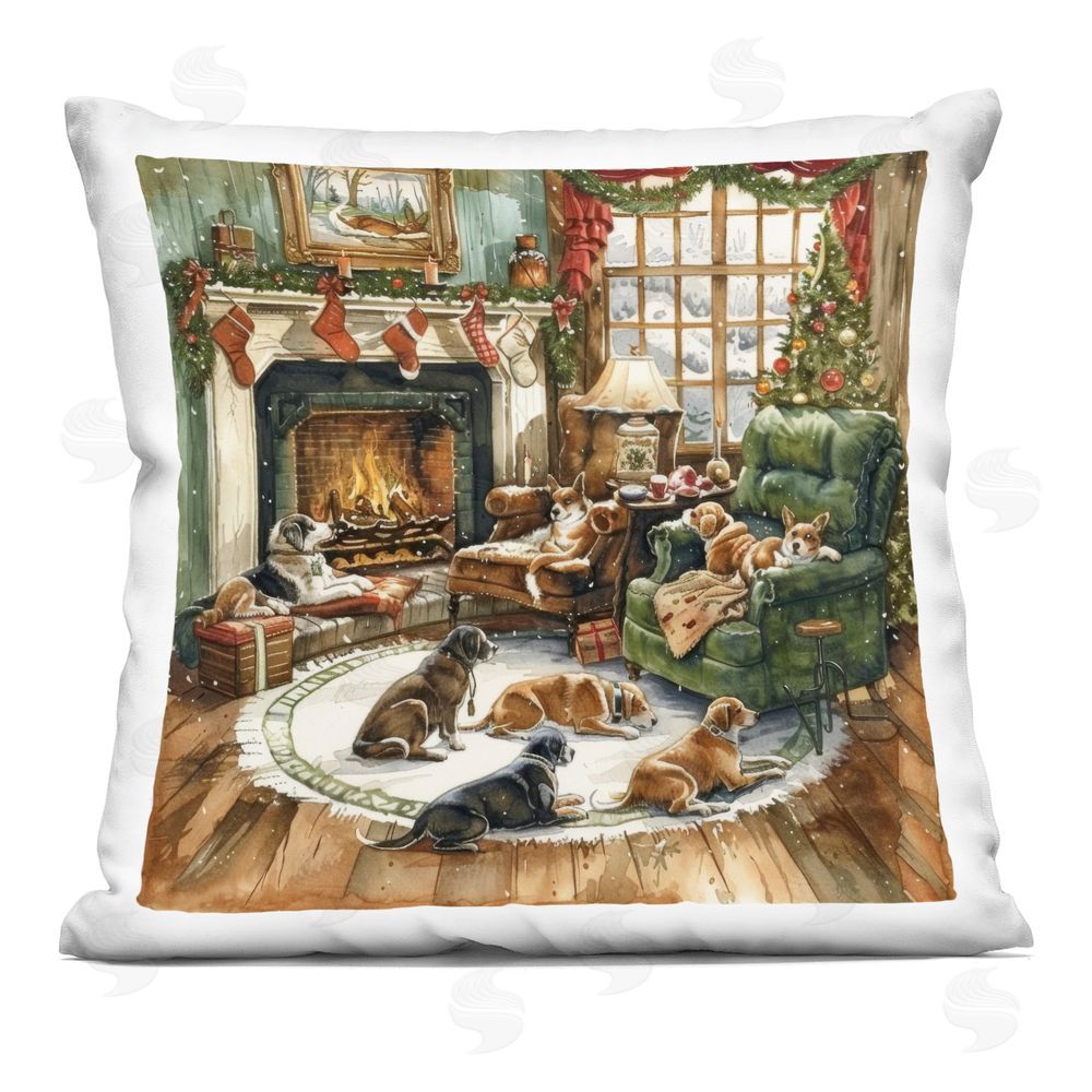 LSR Design Studio Dogs Around Christmas Hearth Square Printed Throw Pillow
