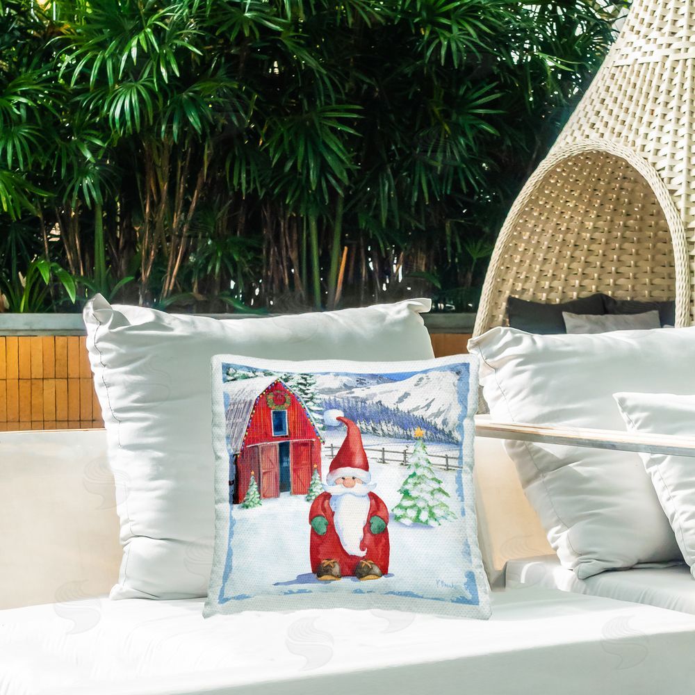 Paul Brent Frosty Barn & Gnome Square Printed Throw Pillow on Patio