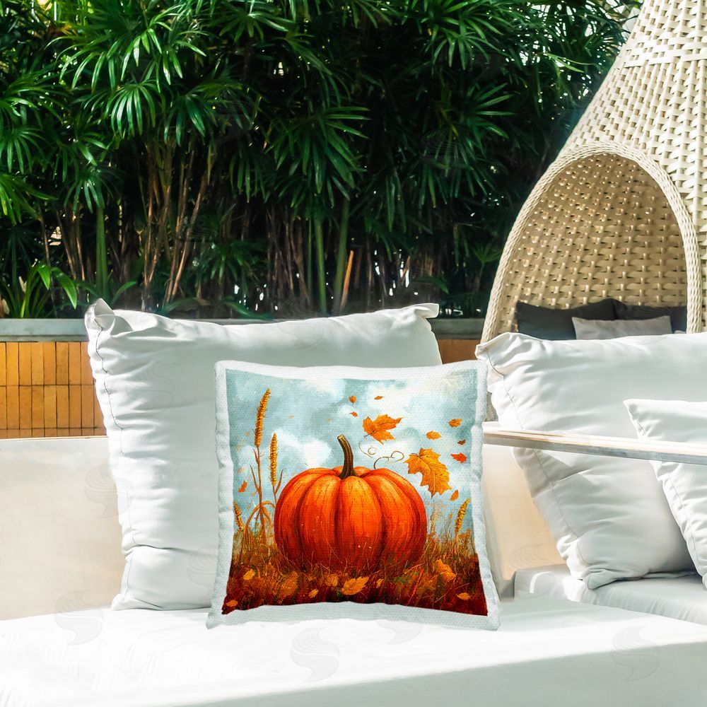 Creative Studio Bright Pumpkin & Falling Leaves Square Printed Throw Pillow on Patio