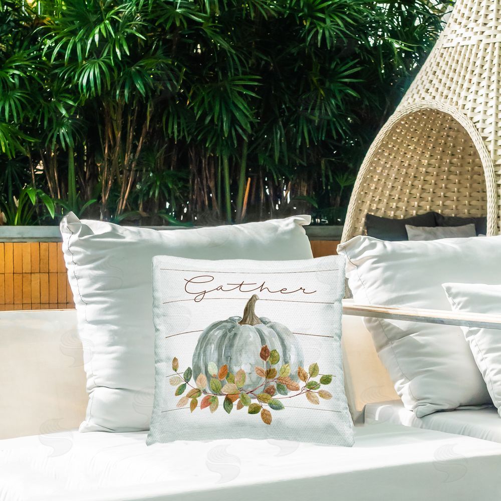 Livi and Finn Autumn Memories Gather Square Printed Throw Pillow on Patio