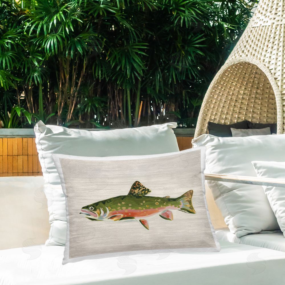 June Erica Vess Brook Trout Rustic Fish Outdoor Quick-Dry Polyester Printed Lumbar Pillow on Patio