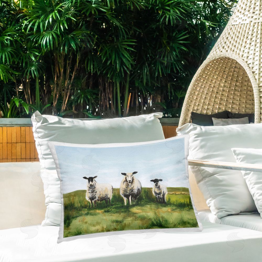 Michael Willett Sheep Trio in Field Outdoor Quick-Dry Polyester Printed Lumbar Pillow on Patio