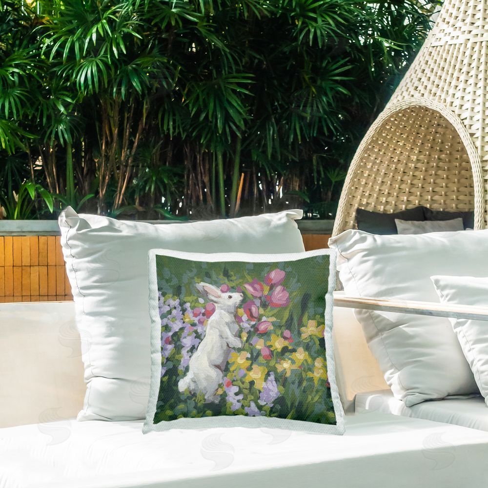 June Erica Vess Bunny in Garden Impression Square Outdoor Quick-Dry Polyester Throw Pillow on Seat