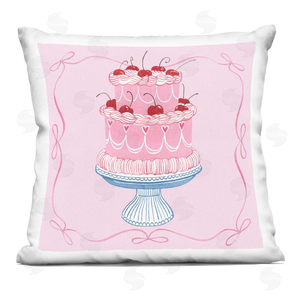 Grace Popp Romantic Pink Cherry Cake Square Plush Polyester Throw Pillow