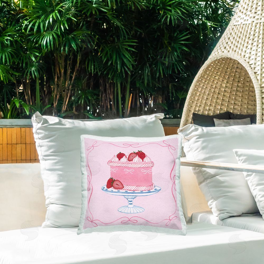 Grace Popp Pink Strawberry Cake Square Outdoor Quick-Dry Polyester Throw Pillow on Seat